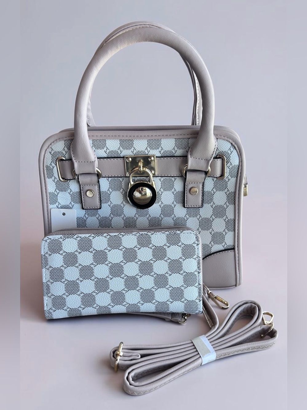 Structured Satchel Handbag and Wallet Set in Light Gray